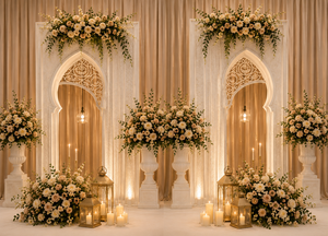 Majestic Nikkah Stage <b>Decoration</b> with Modern <b>Arched</b> Panels Premium Wedding Stage Setup Manufacturer Exporter Wedding Event Decor - Product Image 4
