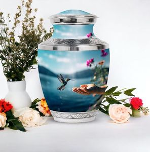 <b>Memorial</b> Urn Cremation Keepsake Vase Silver Blue Floral Bird Keepsake Urn for Remembrance <b>Gift</b> - Product Image 1