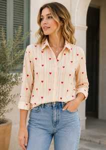 Women's 100% Cotton Woven ODM <b>Heart</b> Print Striped Button Down Long Sleeve Casual Office Shirt All Seasons - Product Image 2