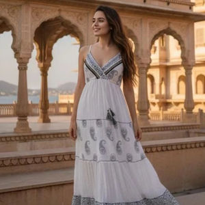 Robe longue imprimée pour femme, col en V, sans manches, coupe ample décontractée, style bohème en coton, vente en gros - Product Image 1