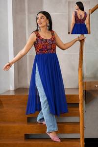Leranath Fashion Women Ethnic Embroidered Anarkali Drape Kurtis Set Sleeveless Printed <b>Top</b> Pleated <b>Overlay</b> Georgette Recycled - Product Image 4