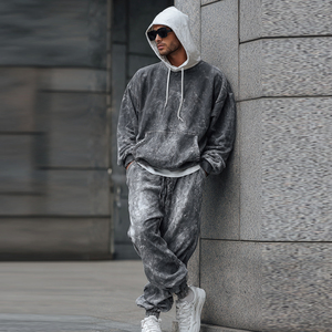 ชุดวอร์มสตรีทแวร์แฟชั่นใหม่สไตล์วินเทจ ล้างสีแบบแอซิดวอช เสื้อฮู้ดและกางเกงวอร์มสำหรับผู้ชาย ชุดวอร์มฤดูหนาวสำหรับผู้ชาย - Product Image 1