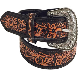 Cinturón de cuero genuino para hombre, color marrón, estilo occidental, con grabado floral, cinturón vaquero con hebilla plateada de diseño. - Product Image 1