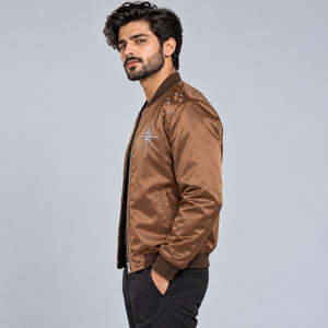 Mens Fashionable <b>Rhinestone</b> Satin Bomber <b>Jacket</b> Premium Shiny Crystal Embellished Streetwear Coat with Stylish Star Designs - Product Image 5
