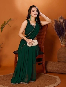 Sari de Chifón KV para Mujer, Liso/Bordado, para Uso Diario, con Blusa Sin Coser (Verde) - Product Image 3
