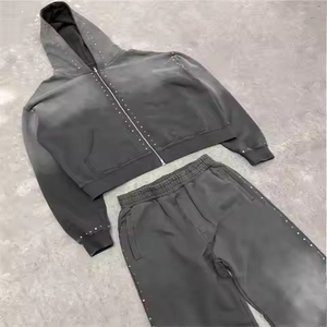 Conjunto de chándal de dos piezas con cremallera, bordado y lavado ácido personalizado, sudadera con capucha y pantalones de chándal de peso pesado, precio al por mayor - Product Image 1