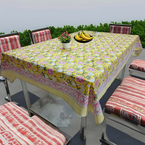 Mantel de Algodón con Estampado Floral Moderno, Ecológico y Personalizable, Hecho a Mano en India, con Diseño de Flores Amarillas, Rectangular, para Mesa de Comedor - Product Image 4