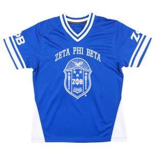 Camiseta de Fútbol Azul Rey Zeta Phi Beta, 100% Poliéster, Sublimada, con Escudo del Equipo, Talla Real, Cuello Alto, Corta, con Doble Raya - Product Image 1