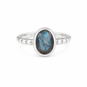 Natural Labradorite <b>Ring</b> 925 Sterling <b>Silver</b> Dainty Beaded <b>Stacking</b> <b>Ring</b> Blue Flash Gemstone Minimalist Jewelry Gift for Women - Product Image 1