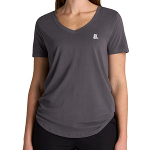 T-shirt à manches courtes pour femme, col en V, couleur unie, logo, vêtement décontracté, coupe classique, tissu jersey 100% polyester, séchage rapide - Product Image 1