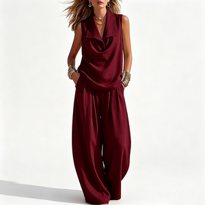 Conjunto de 2 Piezas para Mujer, Top Corto sin Mangas con Cuello en V y Pantalones Anchos, Estilo Minimalista para Vacaciones de Verano o Crucero - Product Image 5