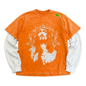 Orange Men's T-<b>Shirt</b> With <b>Jesus</b> Print Contrast Sleeve Casual O-Neck 100% Cotton Jersey Short Sleeve - Product Image 1