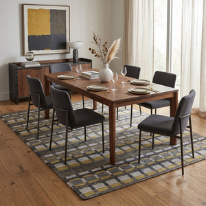 Tapis à carreaux gris moutarde et ivoire en laine, antidérapant, écologique, moderne, pour salon, chambre et intérieurs d'hôtel - Product Image 3