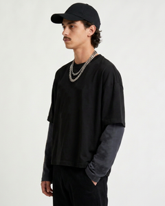 เสื้อยืดแขนยาวผ้าฝ้ายสีดำขนาดใหญ่พิเศษสำหรับผู้ชาย เสื้อถักสีพื้นสไตล์ลำลองสำหรับฤดูใบไม้ร่วง - Product Image 3