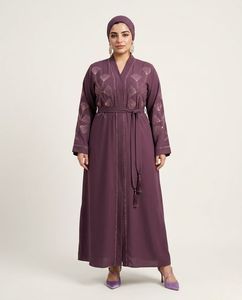 Elegant Purple Embroidered Abaya With Stones Beads Work <b>Long</b> Sleeve Modest <b>Dress</b> <b>For</b> Women Floor Length V Neck Loose Fit 2026 - Product Image 1