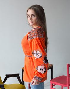 Chemisier décontracté pour femme à col en V et manches mi-longues, 100 % coton popeline tissé, orange, élégant pour le quotidien - Product Image 2