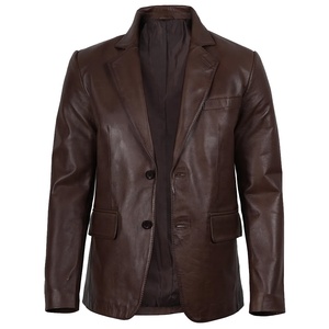 Blazer d'hiver pour homme en cuir véritable marron, coupe ajustée, col rabattu, doublure Sherpa coupe-vent, logo frontal, 300g - Product Image 1