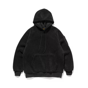 Sweat-shirt à capuche en polaire noir pour homme, coupe ample, couleur unie, design tricoté décontracté pour l'hiver, anti-boulochage, style Sherpa - Product Image 1