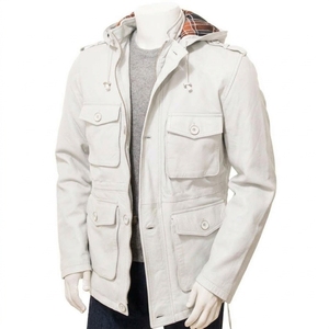 Veste à capuche en cuir véritable pour homme avec doublure à carreaux, fermeture éclair et plusieurs poches, vêtement décontracté pour l'automne - Product Image 3