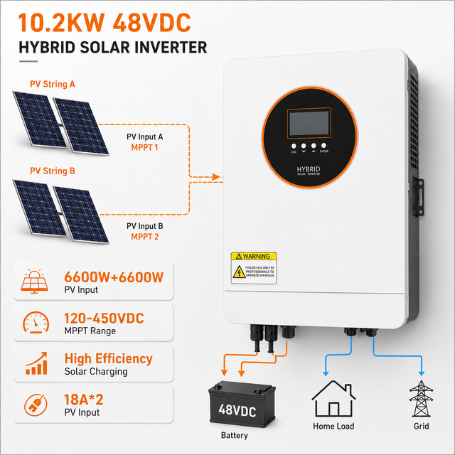 High Efficiency 10.2KW 48V Hybrid Solar Inverter Dual PV Input with MPPT for Home Energy Storage