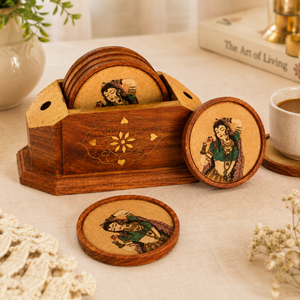 Handcrafted Wooden Tea <b>Coaster</b> Set | Indian Decorative Wood <b>Drink</b> <b>Coasters</b> with Holder - Product Image 6
