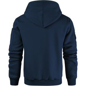 Sweat-shirt à capuche mi-zippé bleu marine pour homme, coupe classique, couleur unie, pull décontracté avec poches, matière polyester tricotée - Product Image 2