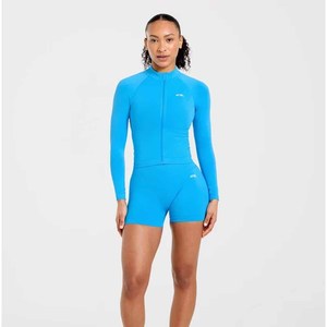 Women's Blue Full Sleeve Zipper Sports <b>Set</b> Stand Collar Crop Top Biker Shorts Quick Dry Knitted Sporty Fit Spring Summer - Product Image 1
