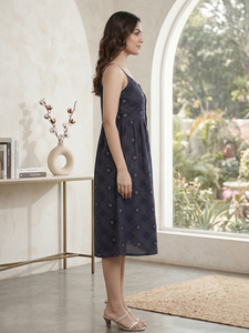 Robe courte sans manches en rayonne pour femme, imprimé rayures bleues, col rond, coupe trapèze, style décontracté, mode estivale, pour le quotidien - Product Image 2