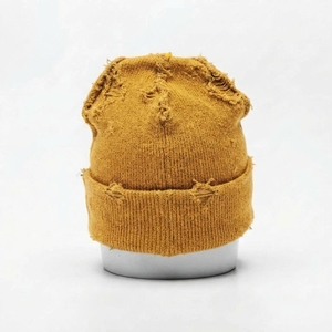 Bonnet en tricot jaune moutarde vieilli pour homme, avec revers, imperméable, hiver, unisexe, streetwear, bonnet ajusté, logo personnalisé, 100% acrylique - Product Image 2