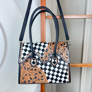 Sac à main à bandoulière à motif de planche à carreaux noir et blanc de luxe pour femmes sac fourre-tout en cuir véritable usiné à la main pour dames - Product Image 4