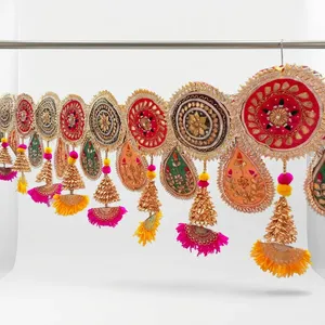 Colorful Handmade Indian Door Hanging with Golden Embroidery Traditional Motifs Tassels and Festive Wedding Decoration - Product Image 2