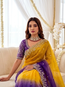 AARA Fashion <b>Purple</b> and Yellow Embroidered Silk <b>Saree</b> with Paisley Border Traditional Drape for Wedding Sun Protection - Product Image 3