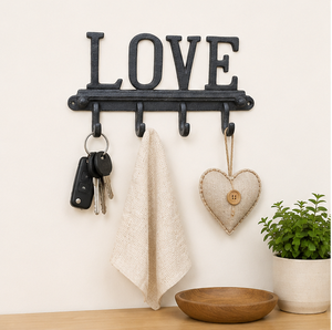 Decorative Love Sign Wall Mounted Key Holder Heavy Duty Cast Iron 4-<b>Hook</b> Rack For Entryway Rust-Resistant Matte Black Hanger - Product Image 2