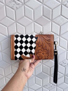 Hand Tooled Carving Leather Clutch Black White Checkered Pattern <b>Wristlet</b> Wallet Multi Uses Western Leather For Women Multi Uses - Product Image 3