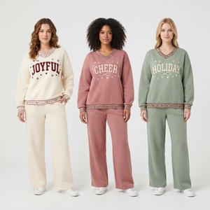 Women's Chocolate Brown V Neck Sweatshirt and <b>Trouser</b> Two Piece Set with Gold Celestial Initial Embroidery Sparkling Star - Product Image 3