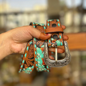 Cinturón floral turquesa para niñas de cuero mecanizado a mano de nueva moda occidental cinturón de hebilla de aleación pintado a mano de cuero genuino personalizado - Product Image 2