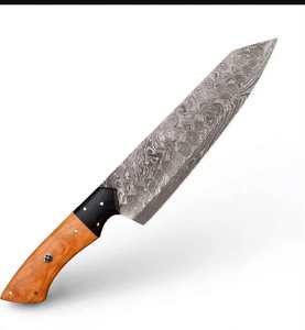 Outil utilitaire japonais artisanal en acier Damas à contraste élevé avec manche en bois d'olivier et corne noire - Product Image 4