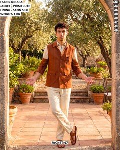 Gilet en jute pour homme avec doublure en satin de soie, marron, coupe classique, veste décontractée pour l'été, taille 34 à 46 - Product Image 1