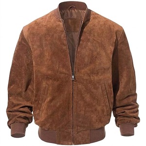 <b>Men's</b> Brown <b>Suede</b> Bomber <b>Jacket</b> Stand Collar Zipper Closure Casual Autumn Wear Regular Fit Solid Color PU Leather Shell - Product Image 1