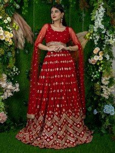 <b>Red</b> <b>Sequin</b> Embroidered Empire Waist A-Line Scoop Neck Solid Lehenga Choli Women Ethnic Dress Wedding Party Outfit - Product Image 5