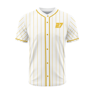 <b>White</b> Yellow Striped Baseball Jersey Men's Short Sleeve Button Front Customizable Sport Apparel Breathable Polyester Regular Fit - Product Image 1
