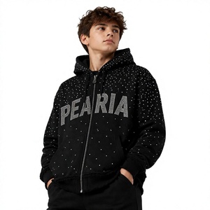 Sweat à capuche zippé noir à strass imprimé numériquement, 100 % coton molletonné respirant, coupe classique, streetwear d'hiver pour homme - Product Image 1