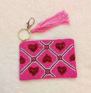 Jaunty <b>Pink</b> Canvas Beaded Coin Pouch Heart Pattern Tassel Zipper Bag Customized Shape Travel Fashion Embroidery Design Uttar - Product Image 4