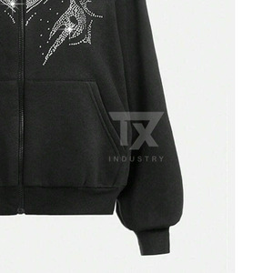 Women Rhinestone Lined Hoodies Knitted 100% Cotton Winter Front Durable Breathable Stylish - Product Image 3