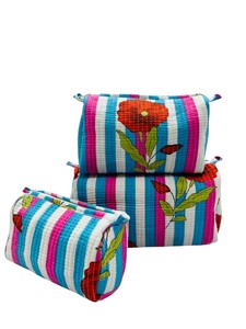 100% Cotton Indian Handblock Printed Lightweight Durable Quilted <b>Small</b> Cosmetic Storage Utility Bag Set Zipper Closure (Set 3) - Product Image 3