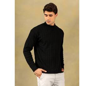 Pull en maille torsadée à col roulé pour homme, coupe ajustée, couleur unie noir, col haut, pull chaud pour l'automne et l'hiver - Product Image 2