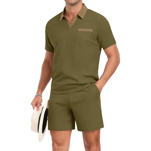 Nouvel ensemble polo et short blanc en coton pour homme 2026 avec poche, tenue décontractée d'été en tissu tricoté respirant - Product Image 4