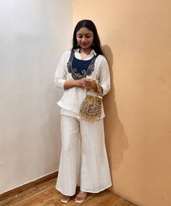 <b>White</b> Silk Vintage Quick Dry Kurta <b>Palazzo</b> Set Women Regular Fit Traditional Indian Pakistani Style Casual Ankle Length 86548 - Product Image 3