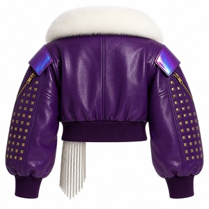 Blouson Bomber en Cuir Violet Personnalisé Col Rond Fermetures Éclair Clous Dorés Coupe Courte Écoresponsable Mode Hiver Manteaux de Motard Unisexe - Product Image 2