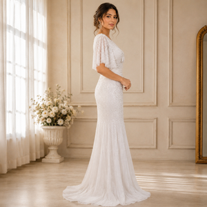 White <b>Sequin</b> Embellished Evening Gown Elegant V Neck Flutter Sleeve Maxi Dress Women Wedding Party Formal Occasion Bridal Wear - Product Image 3